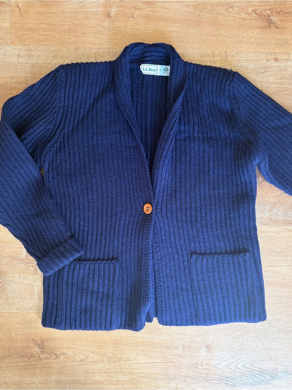 Vintage L.L. Bean Women's Wool Navy Shawl Collar Ribbed Cardigan Size M